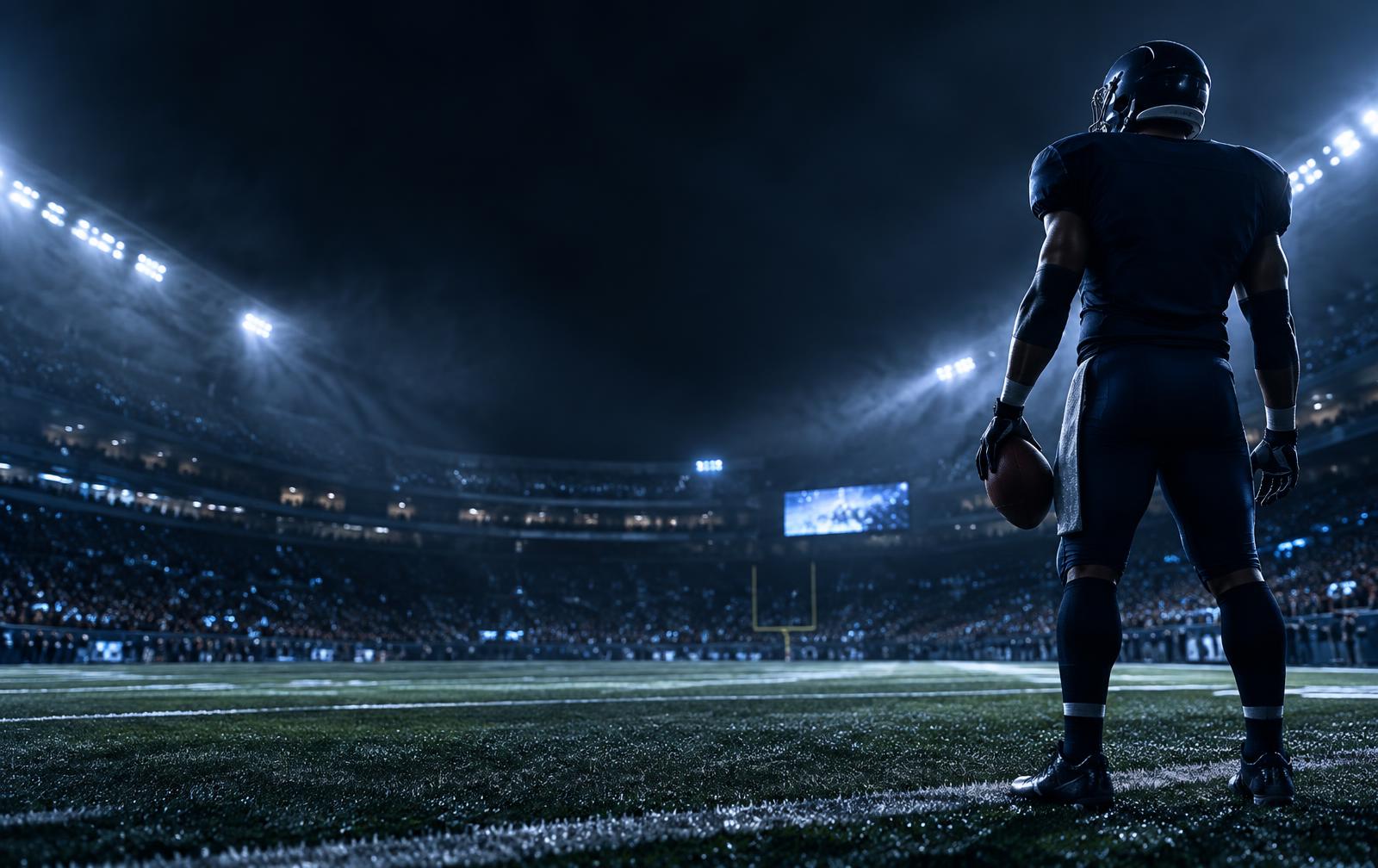 Generic football player under blue stadium lights